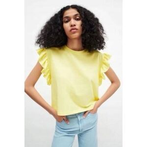 ZARA Yellow Flutter Ruffled Sleeves Crop Tee Size L